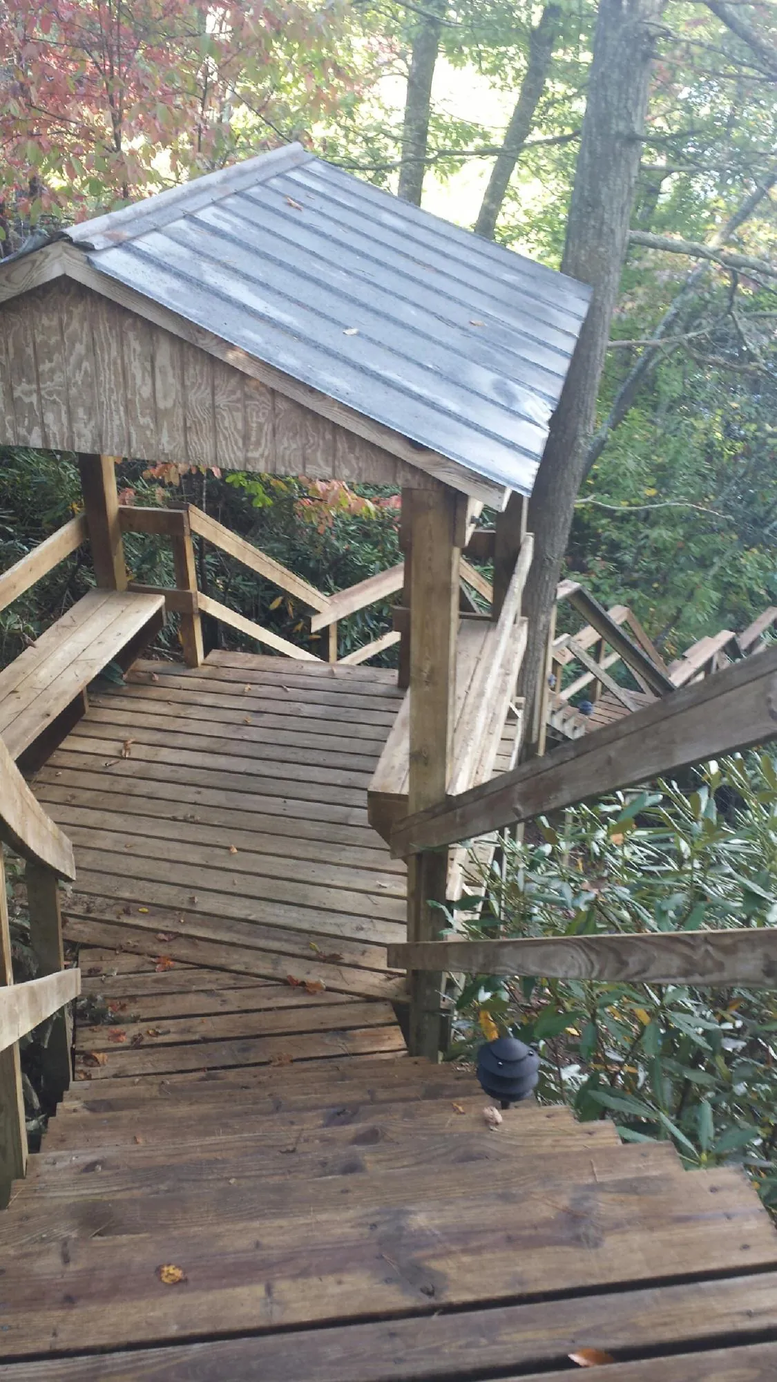 Metal roofed shelter over wooden steps on a wooded walkway — Skylight Repair & Installation work by our crew in Dumfries